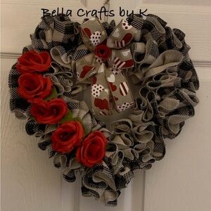 Rustic plaid burlap heart wreath with red roses 🌹